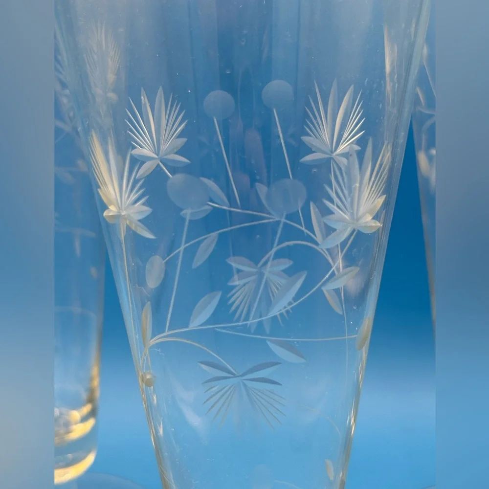 3 Vintage Etched Arcadia Glass Pilsner Glasses Floral w/Berries Barware Cocktail